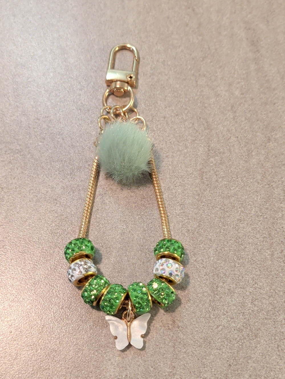 Gold-Plated Green Bead Butterfly Charm Keychain